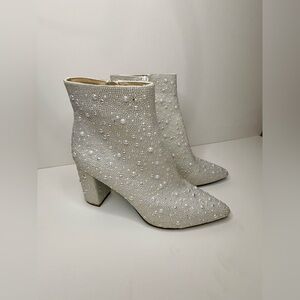Betsey Johnson Pearl-Embellished Cream Ankle Boots